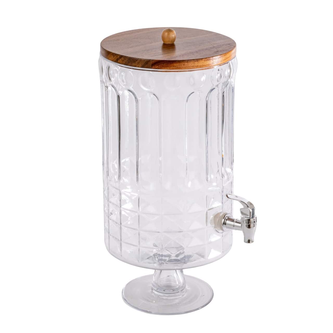 Hello Honey 8-Quart Cut Glass Beverage Dispenser with Plastic Spout and Acacia Wood Lid, Silver Color and Natural
